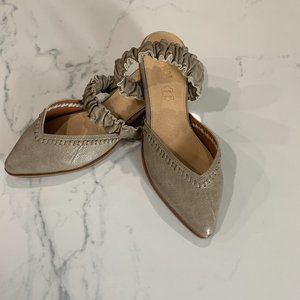 Mi.iM Alicia tan painted toe ruffle strap mules with low heel